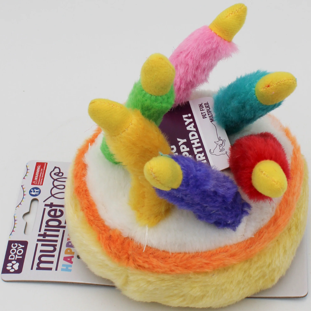 Colorful dog toy shaped like a birthday cake with a tag on a white background