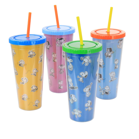 Gibson Peanuts 70th Anniversary 4 Piece Plastic Tumbler Set 23.6oz with Lid and Straw Assorted Colors Reusable Drinkware Gibson