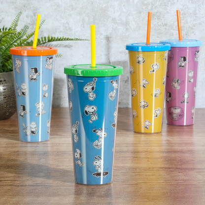 Gibson Peanuts 70th Anniversary 4 Piece Plastic Tumbler Set 23.6oz with Lid and Straw Assorted Colors Reusable Drinkware Gibson