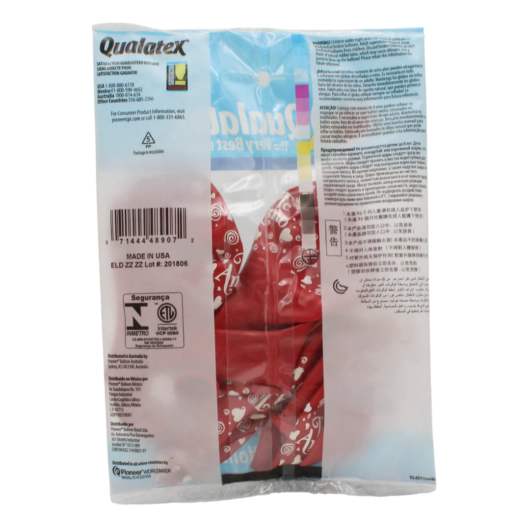 Qualatex 11" Round Party Balloons – 6 Count “Te Amo” Swirling Hearts Design Qualatex