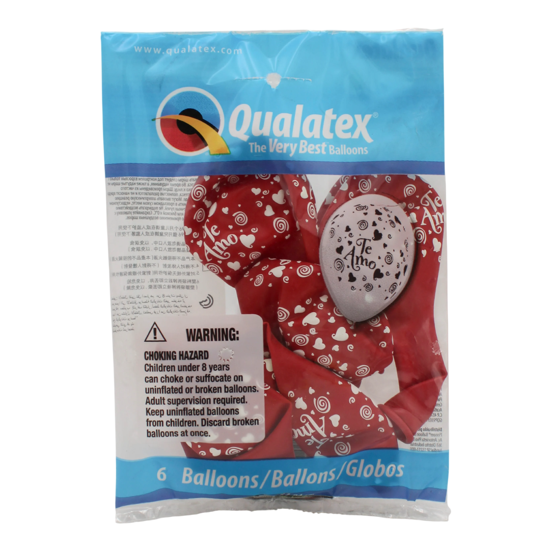 Qualatex 11" Round Party Balloons – 6 Count “Te Amo” Swirling Hearts Design Qualatex