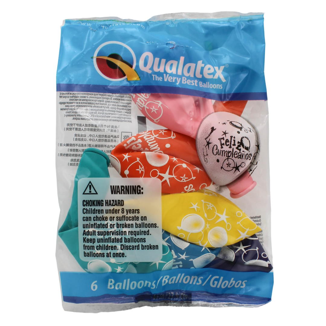 Qualatex 11" Round Party Balloons – Assorted 6 Count “Feliz Cumpleaños” Balloons Qualatex