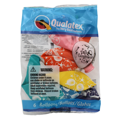 Qualatex 11" Round Party Balloons – Assorted 6 Count “Feliz Cumpleaños” Balloons Qualatex