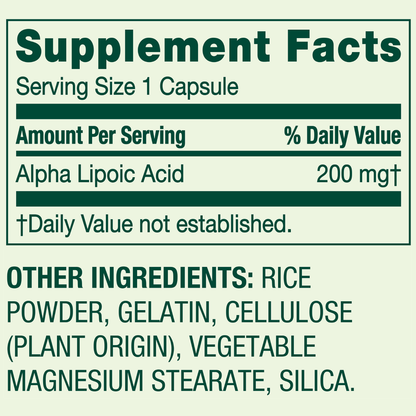 Spring Valley Alpha Lipoic Acid, Antioxidant Support, Dietary Supplement, 200mg Capsule, 100 Count Spring Valley