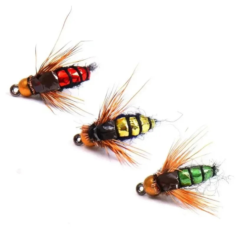 Artificial Insect Scud Fly Worm Fishing Lures – Brass Bead Head Fast Sinking Trout Bait – 10 pcs Set MegoDeals