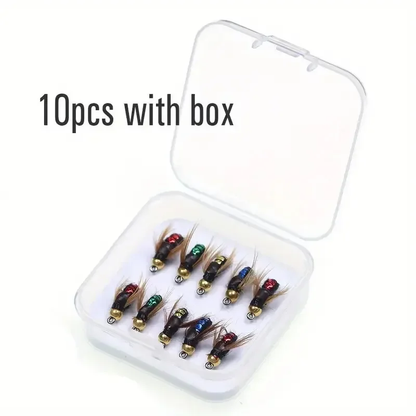 Artificial Insect Scud Fly Worm Fishing Lures – Brass Bead Head Fast Sinking Trout Bait – 10 pcs Set MegoDeals