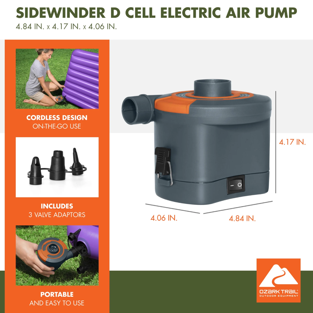 Ozark Trail Sidewinder D Cell Electric Air Pump – Portable & Fast Inflation/Deflation