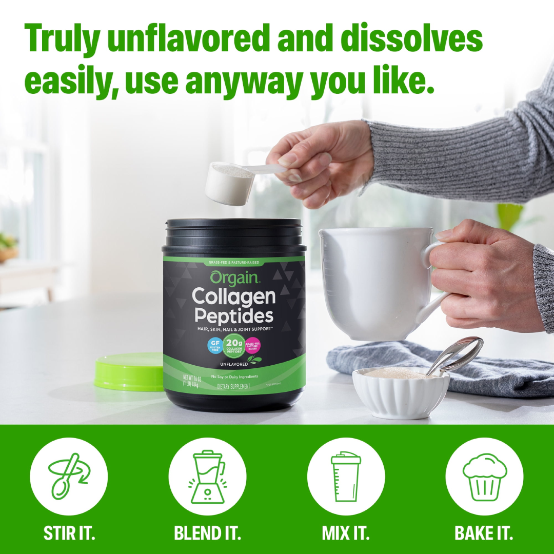 Orgain Hydrolyzed Grass-Fed Collagen Peptides Powder 20g, Unflavored – Premium Skin, Hair, Nail & Joint Support Supplement (1lb) Orgain