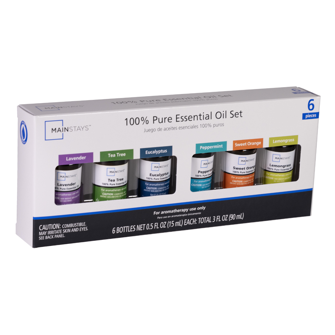 Mainstays Essential Oil Set 6 Pack, 15 mL Each – Eucalyptus, Lavender, Lemongrass, Sweet Orange, Peppermint, Tea Tree