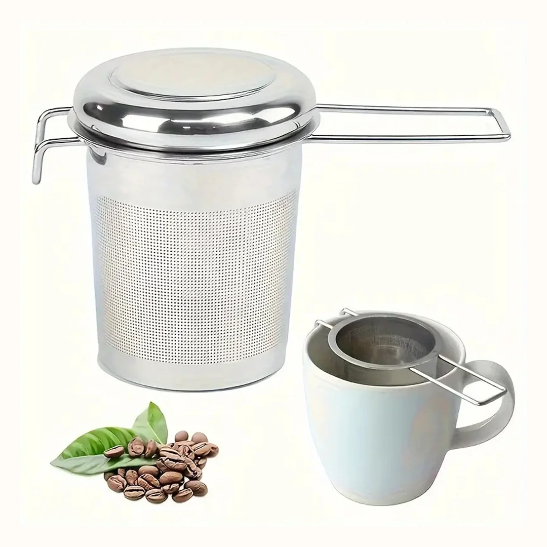 Premium Stainless Steel Tea Filter with Extended Folding Handle | Loose Tea Drainer with Lid | Anti-Scald Multi-Purpose Tea Strainer MegoDeals