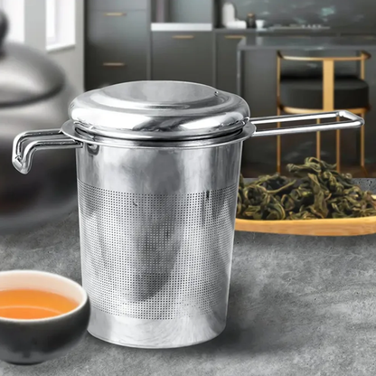 Premium Stainless Steel Tea Filter with Extended Folding Handle | Loose Tea Drainer with Lid | Anti-Scald Multi-Purpose Tea Strainer MegoDeals