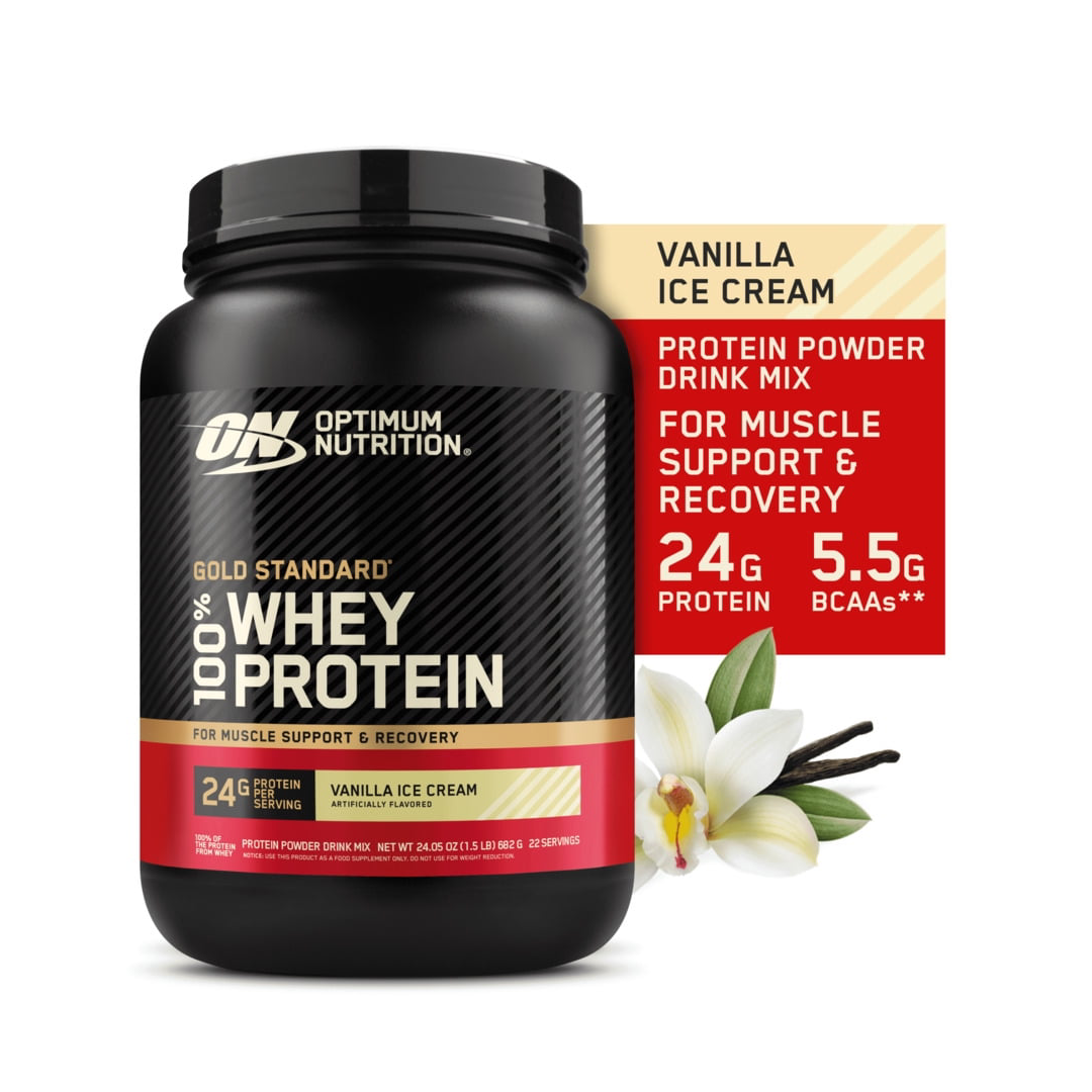 Optimum Nutrition Gold Standard 100% Whey Protein Powder – Vanilla Ice Cream, 1.5 lb, 24g Protein, 22 Servings Optimum Nutrition