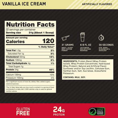 Optimum Nutrition Gold Standard 100% Whey Protein Powder – Vanilla Ice Cream, 1.5 lb, 24g Protein, 22 Servings Optimum Nutrition