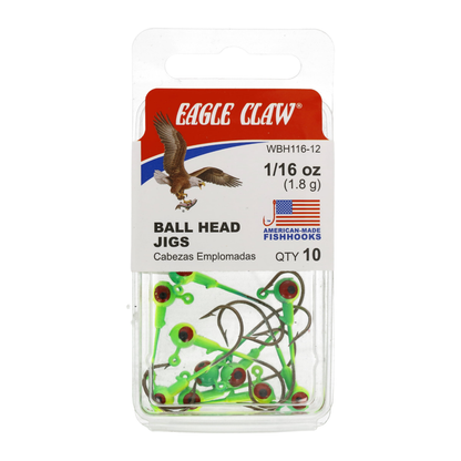 Eagle Claw Ball Head Fishing Jig – Lime & Chartreuse with Red Eye | 10 Count Bass & Walleye Lures Eagle Claw