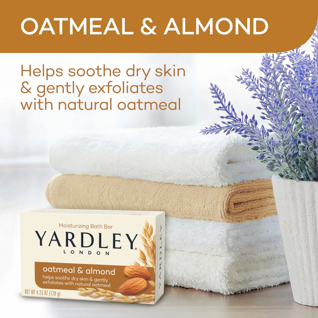 Yardley London Moisturizing Bath Bar Oatmeal & Almond 4.25 oz | 4 Pack Gentle Soap Yardley