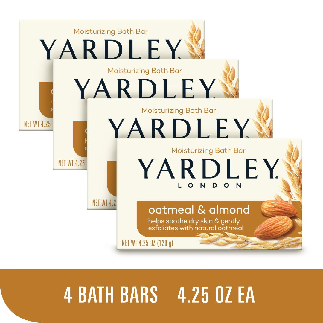Yardley London Moisturizing Bath Bar Oatmeal & Almond 4.25 oz | 4 Pack Gentle Soap Yardley
