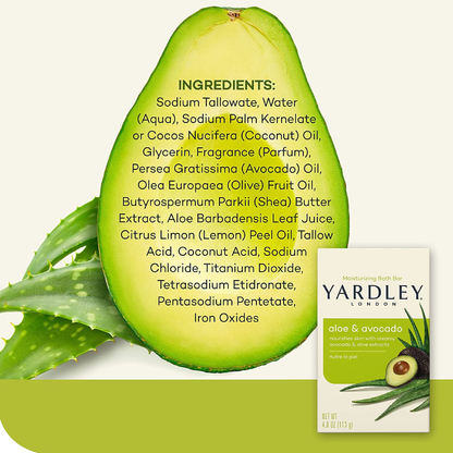 Yardley London Moisturizing Bath Bar Aloe & Avocado 4 oz | 4 Pack Gentle Hydrating Soap Yardley