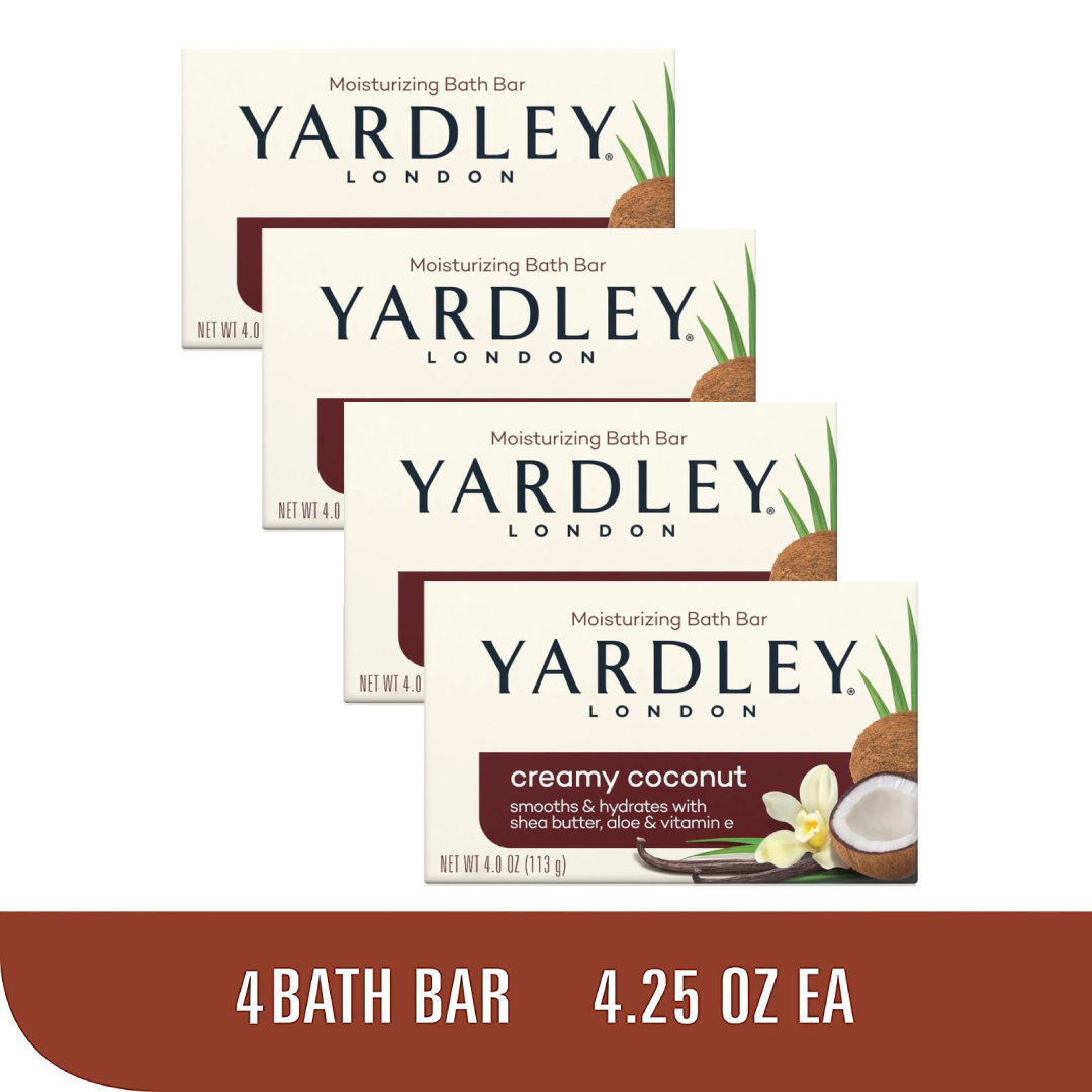 Yardley London Creamy Coconut Moisturizing Bath Bar 4.25 oz | 4 Pack Hydrating Soap Yardley
