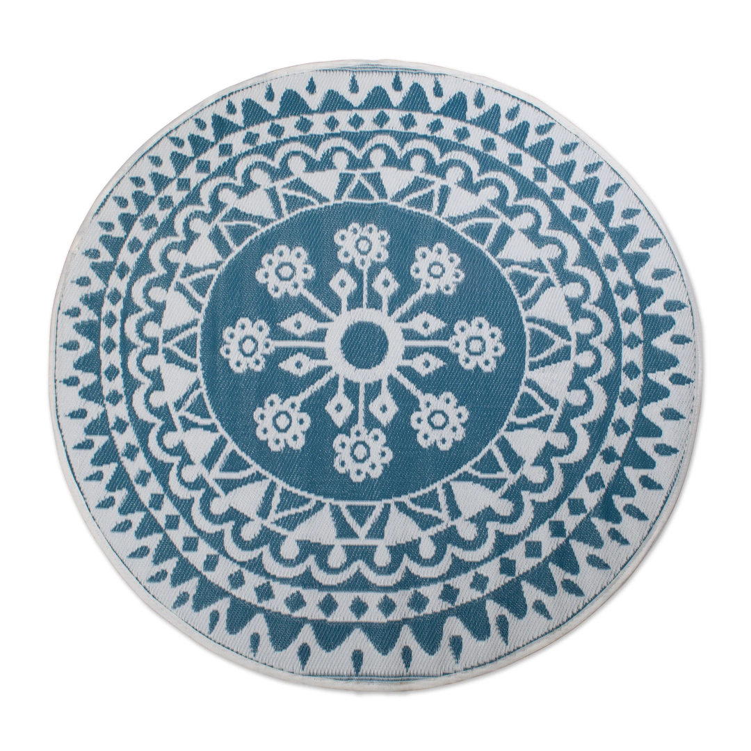 DII Outdoor Reversible Woven Rug 5' Round Blue Floral | Indoor & Outdoor Patio Rug DII
