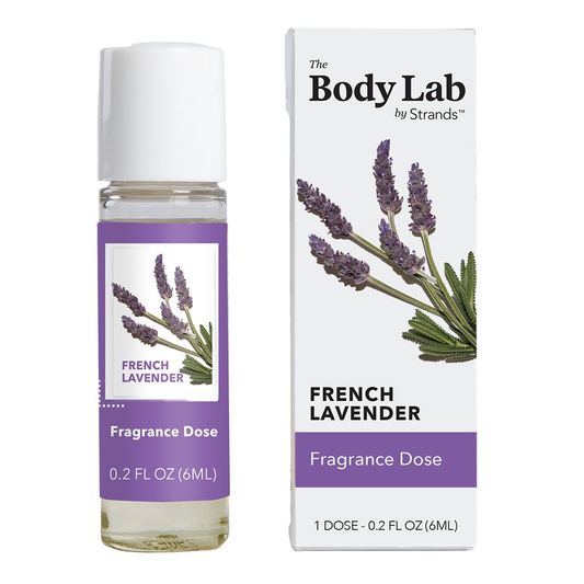 French Lavender fragrance dose with packaging on a white background