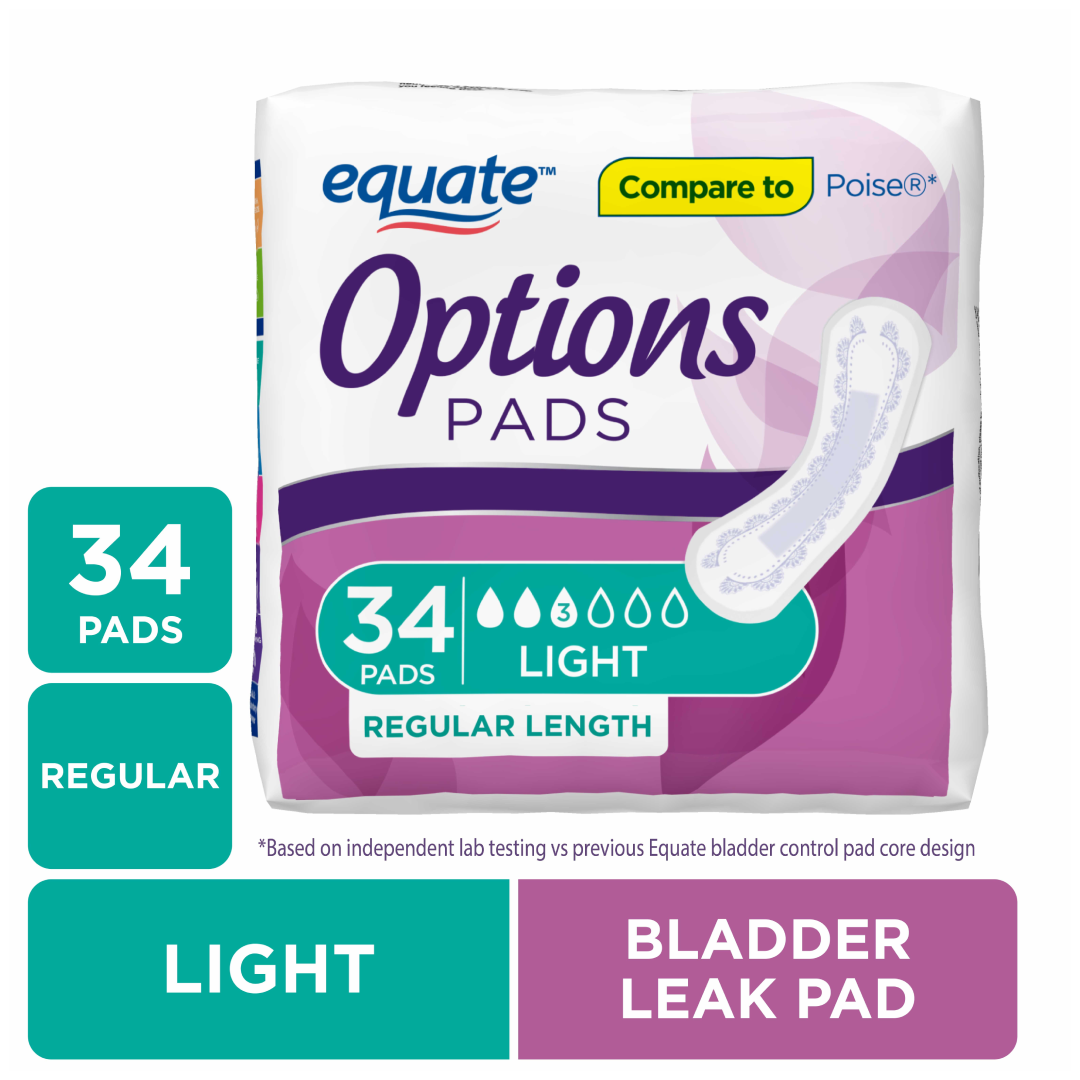 Equate Options Women's Incontinence Pads – Light Absorbency, Regular Length, 34 Count