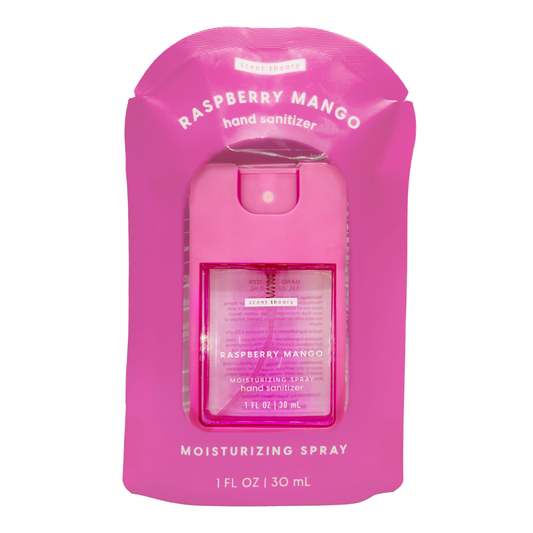 Scent Theory Raspberry Mango Hand Sanitizer Spray - 1 fl oz Travel Size with Tropical Scent & Moisturizers for Daily Hygiene