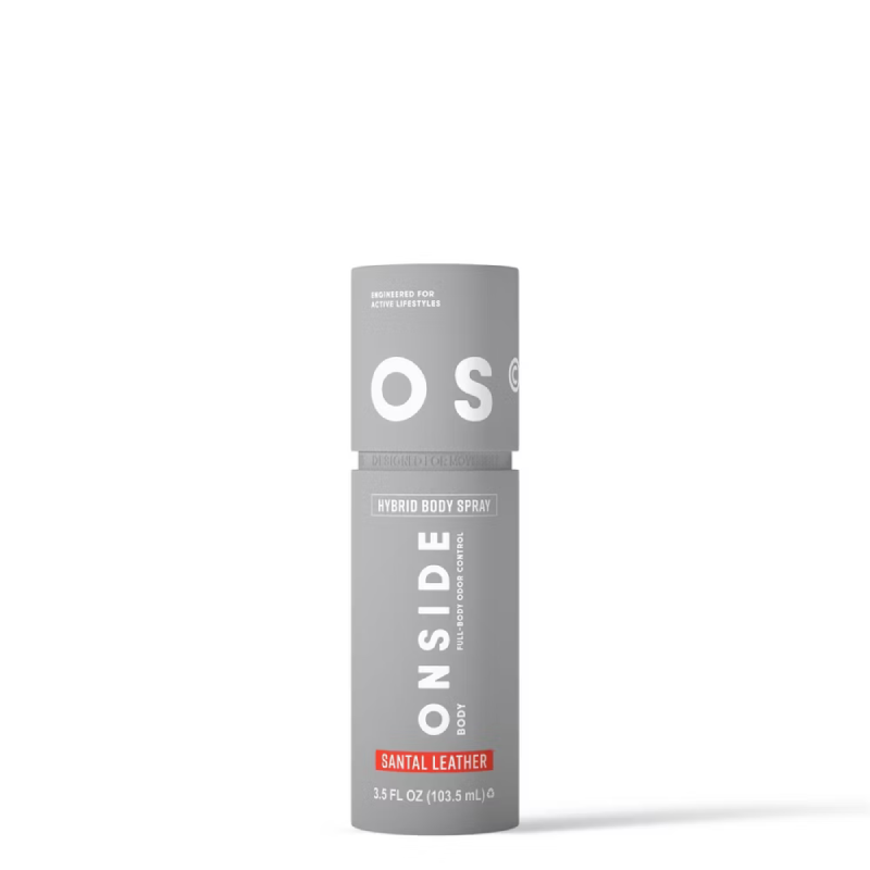 Gray body spray bottle with 'ONSIDE' branding on a white background
