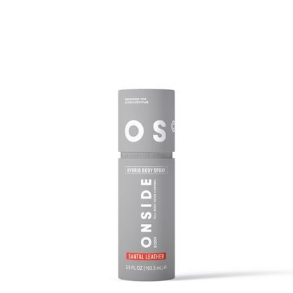 Gray body spray bottle with 'ONSIDE' branding on a white background