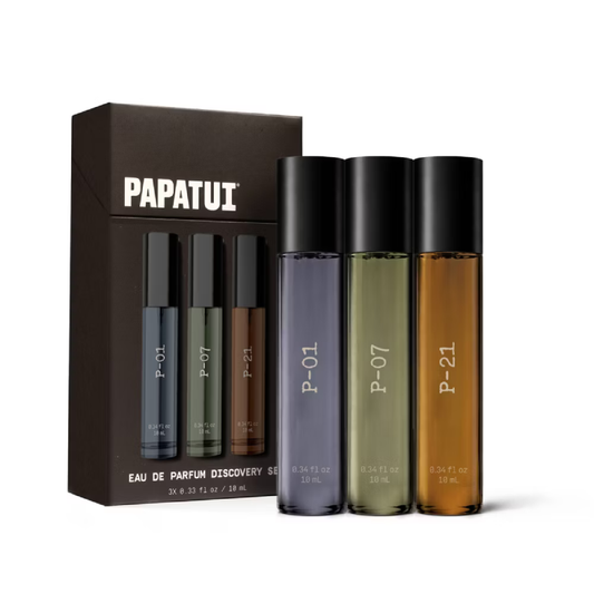 Papatui eau de parfum discovery set with four bottles and a box