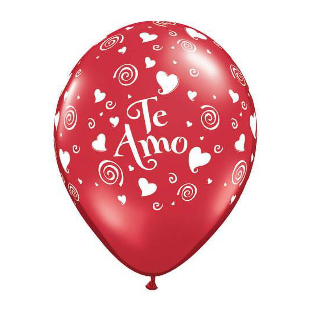 Qualatex 11" Round Party Balloons – 6 Count “Te Amo” Swirling Hearts Design