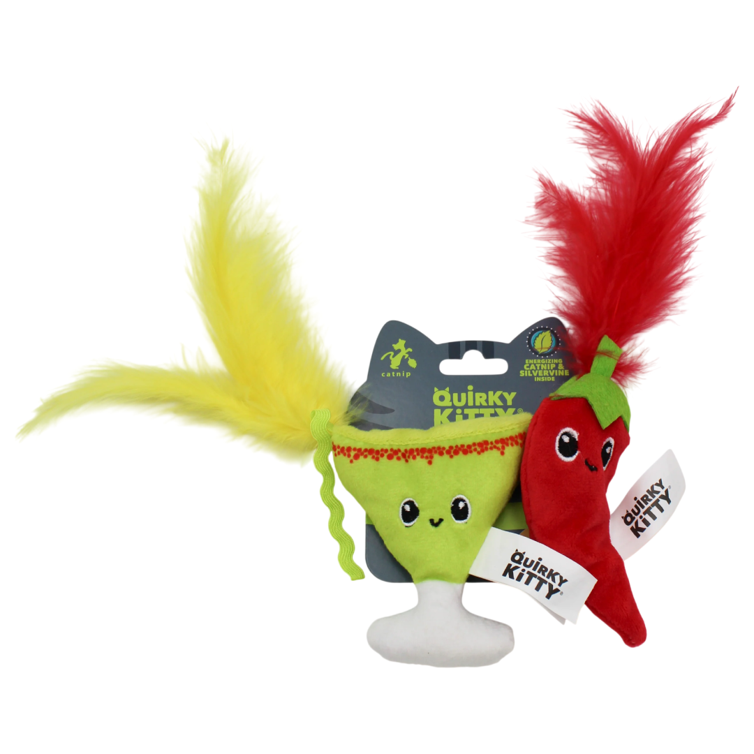 Two plush toys resembling a green pepper and a red chili with feather tails on a white background, branded 'Quirky Kitty'.