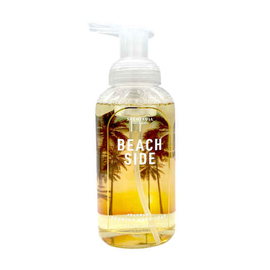 Foam hand soap bottle with palm tree design and 'Beach Side'