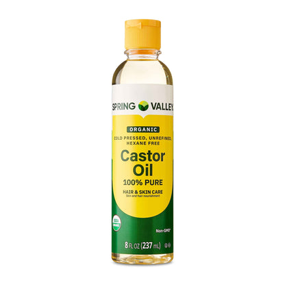 Spring Valley Cold-Pressed Castor Oil – Organic, Unrefined & Hexane-Free – For Hair, Skin & Brows – 8 fl oz