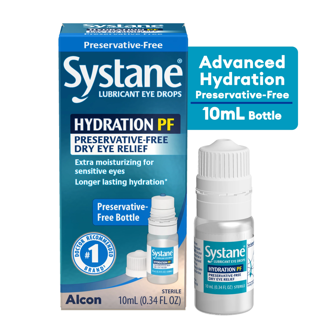 Systane Hydration PF lubricant eye drops shown with its blue retail box, a small white dropper bottle, and a teal callout reading 'Advanced Hydration Preservative-Free 10mL Bottle.' Visible brand text includes Systane and Alcon.