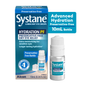 Systane Hydration PF lubricant eye drops shown with its blue retail box, a small white dropper bottle, and a teal callout reading 'Advanced Hydration Preservative-Free 10mL Bottle.' Visible brand text includes Systane and Alcon.