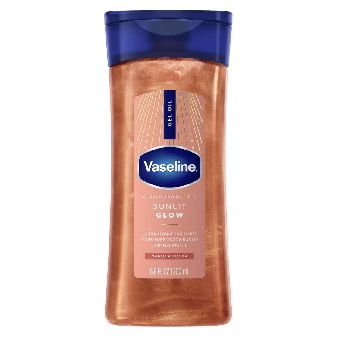 Vaseline Glazed & Glisten Shimmering Body Gel Oil, Sunlit Glow – Vanilla & Cocoa Butter, 6.8 oz