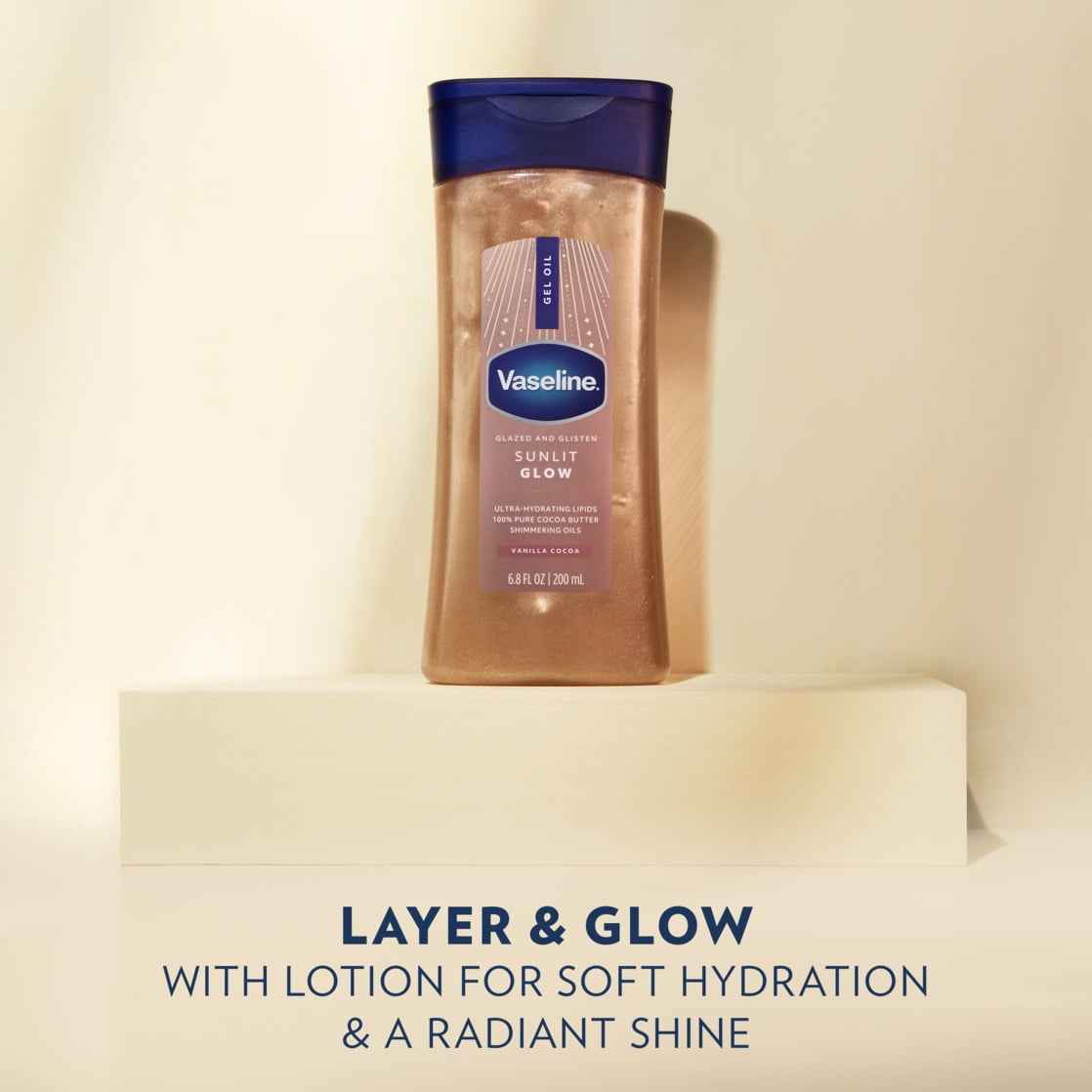Vaseline Glazed & Glisten Shimmering Body Gel Oil, Sunlit Glow – Vanilla & Cocoa Butter, 6.8 oz