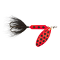 A red and black spotted fishing lure with a black hair skirt and treble hook, shown against a plain white background.