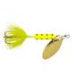 A yellow and black fishing lure with a bright neon yellow skirt, a yellow body with black spots, and a gold-colored metal blade engraved with 'FOSTER TAIL'.