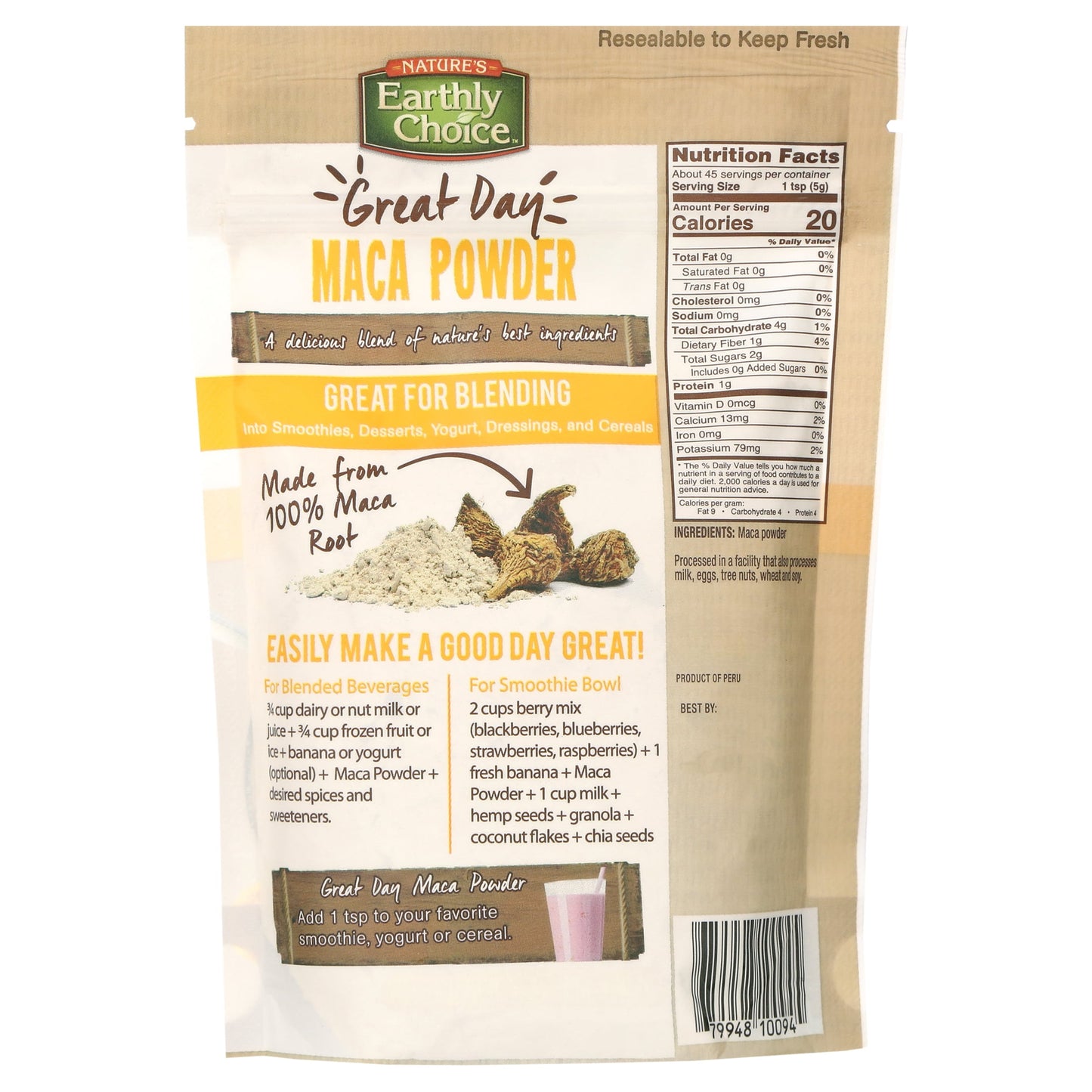 Nature's Earthly Choice Powder Blend Maca – 8 oz Gluten‑Free, Vegan, Non‑GMO Maca Root Powder – Nutty Superfood for Energy, Balance & Stamina
