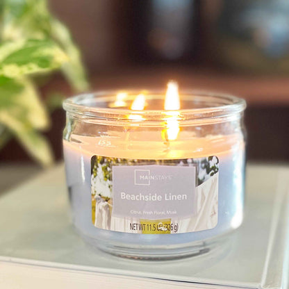 Mainstays Beachside Linen 3-Wick Glass Jar Candle – Fresh Clean Scent, Blue, 11.5 oz