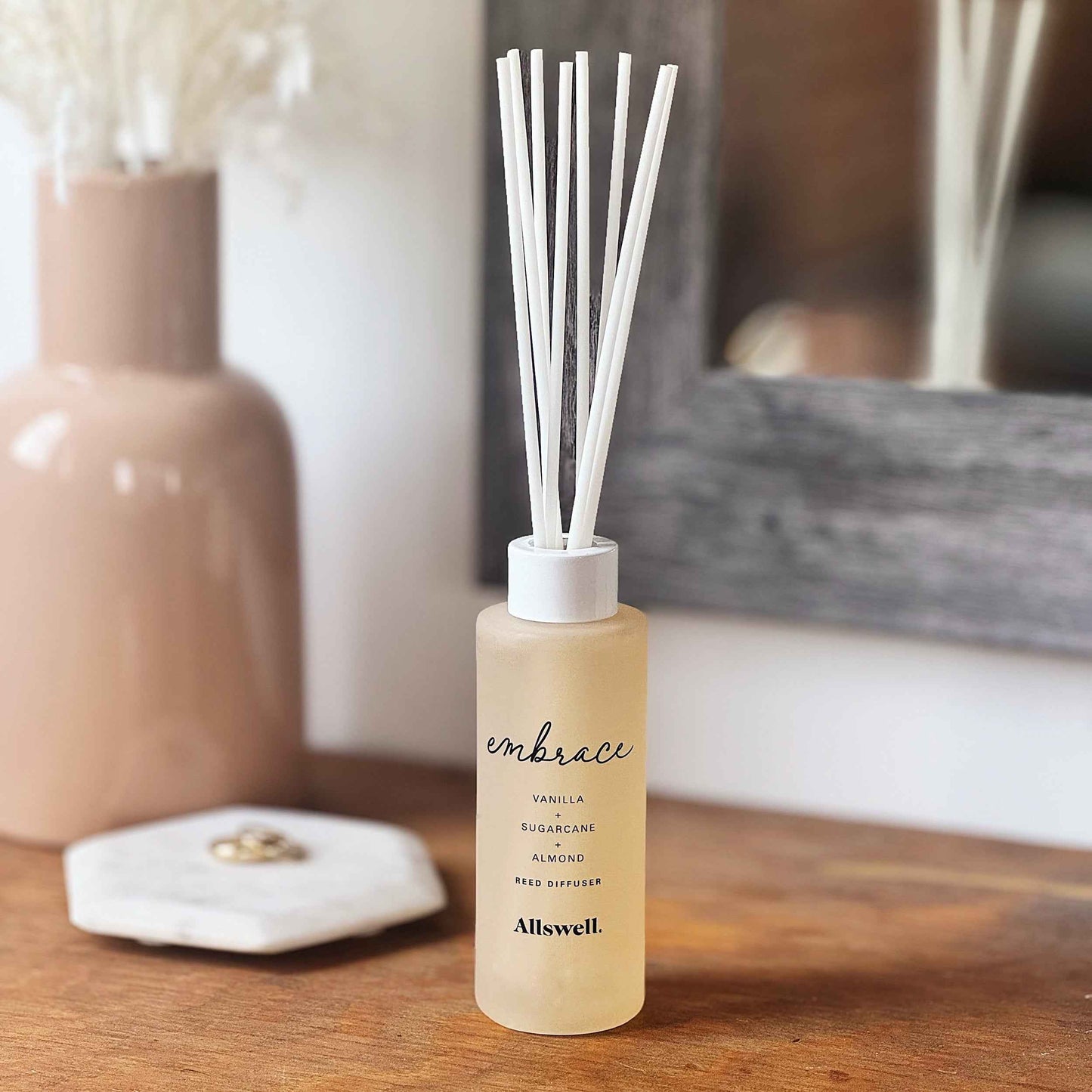 Allswell Embrace Scented Reed Diffuser – Vanilla, Sugarcane & Almond – 3 Fl Oz (90mL) with 8 Synthetic Reeds