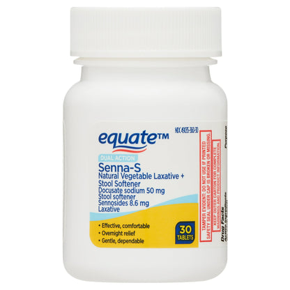 Equate Senna-S Laxative and Stool Softener Tablets for Constipation, 30 Count