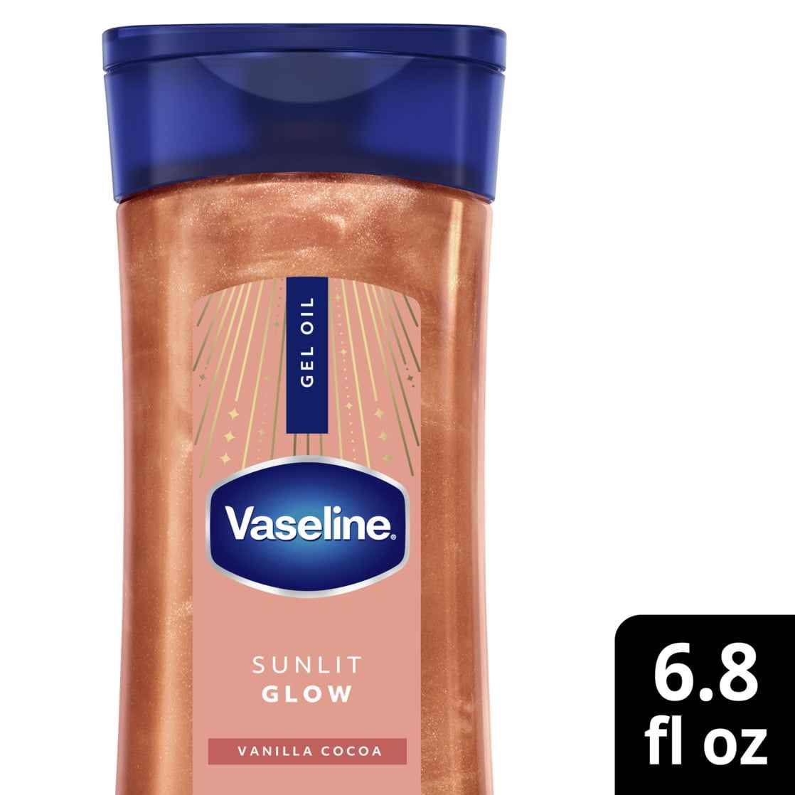 Vaseline Glazed & Glisten Shimmering Body Gel Oil, Sunlit Glow – Vanilla & Cocoa Butter, 6.8 oz
