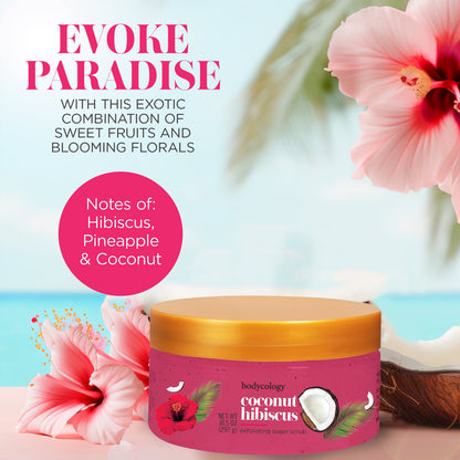 Bodycology Exfoliating Sugar Scrub, Coconut Hibiscus – 10.5 oz Jar – Gentle Body Exfoliator with Tropical Floral Scent