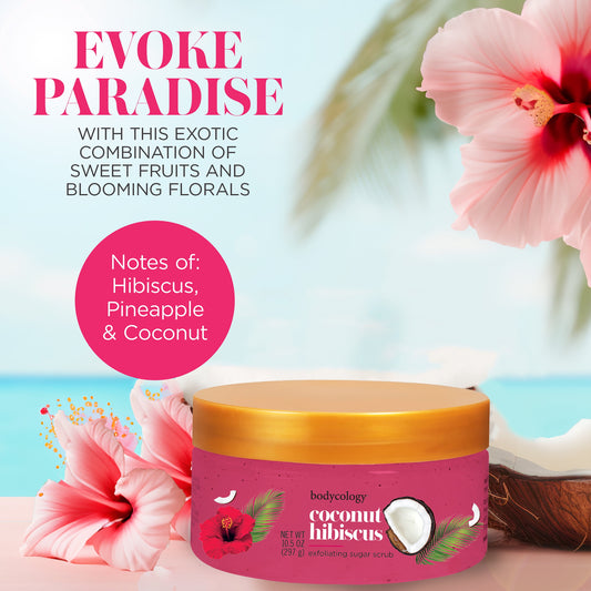 Bodycology Exfoliating Sugar Scrub, Coconut Hibiscus – 10.5 oz Jar – Gentle Body Exfoliator with Tropical Floral Scent
