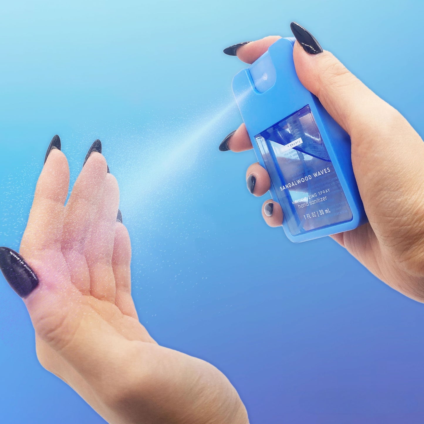 Scent Theory Hand Sanitizer Spray, Sandalwood Waves, 1 fl oz – Travel-Size Antibacterial Hand Spray with a Luxurious Scent