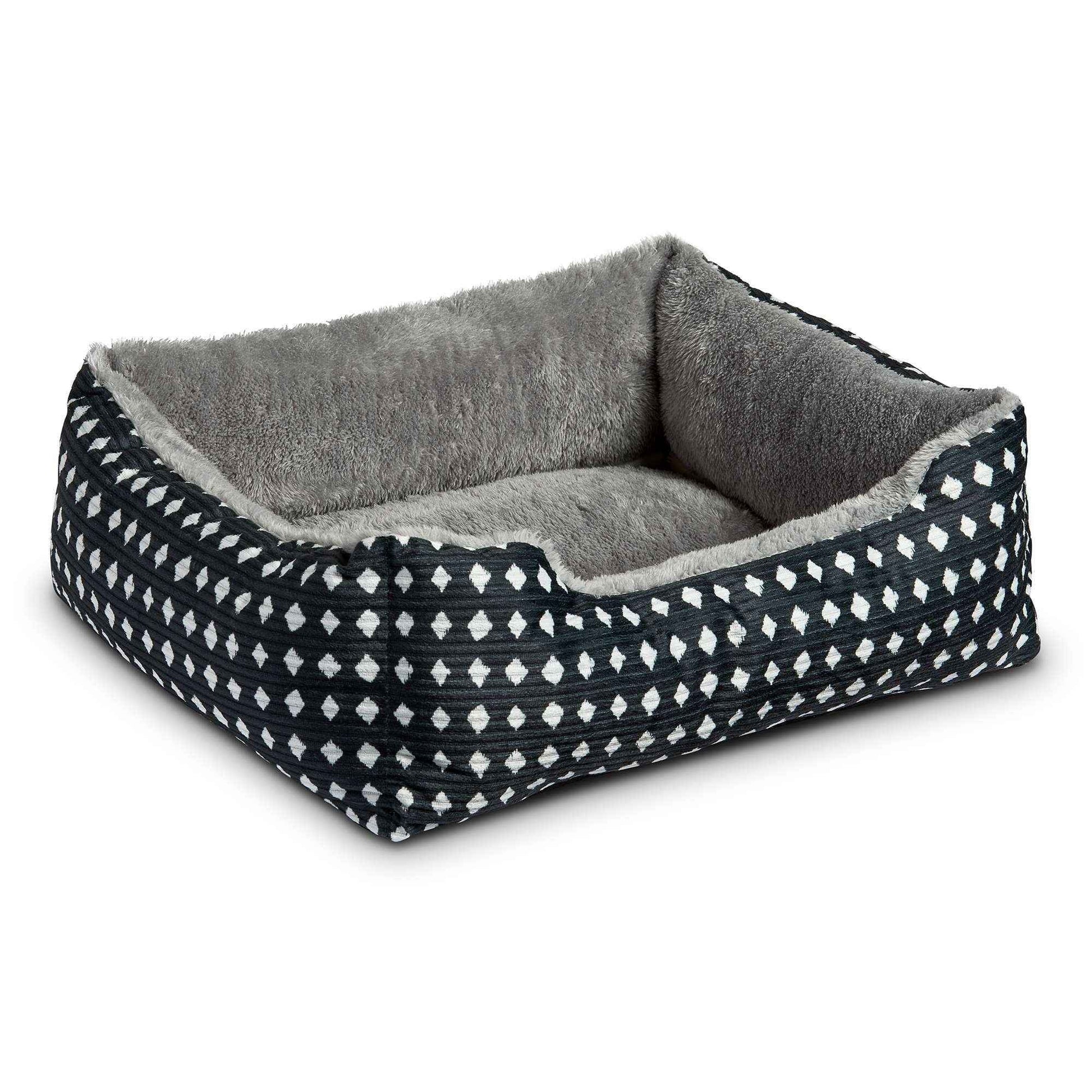 VibrantLife Plush Cuddler Pet Bed – Portable Dog & Cat Bed, Black & White Diamonds, 19" × 15"
