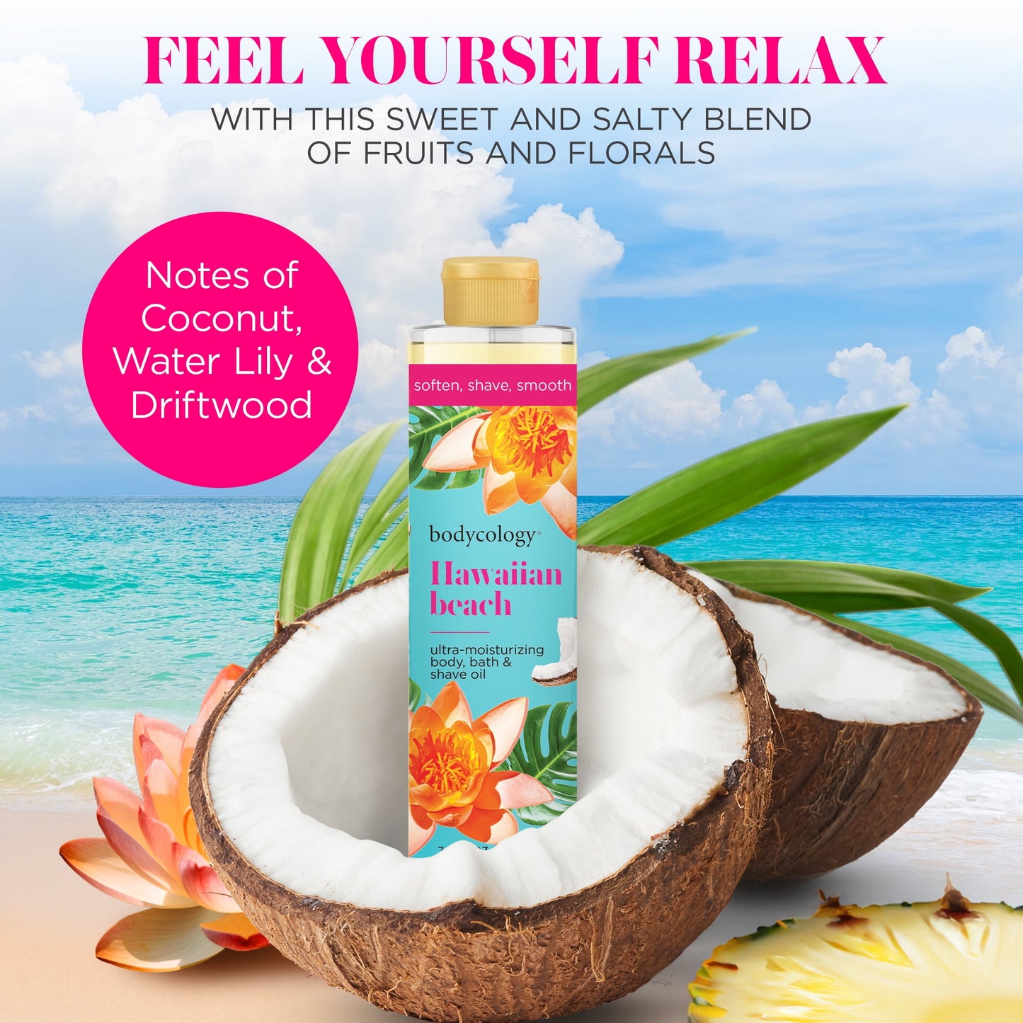 Bodycology Ultra Moisturizing Body, Bath & Shave Oil – Hawaiian Beach Scent | 3-in-1 Hydrating Skin Oil – 7.5 fl oz
