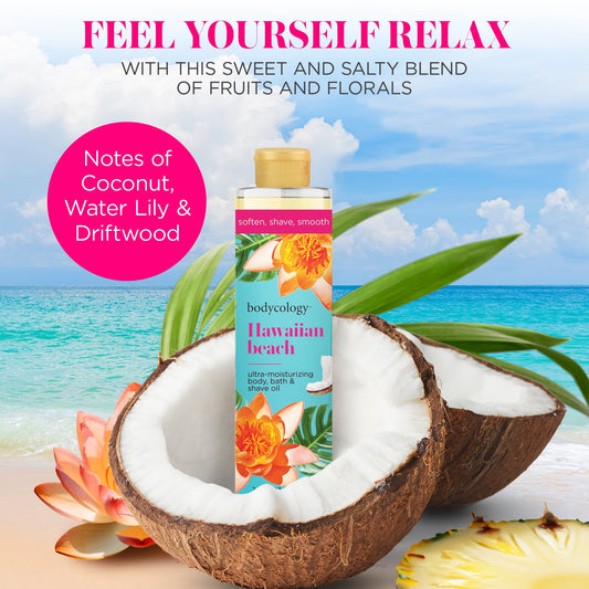 Bodycology Ultra Moisturizing Body, Bath & Shave Oil – Hawaiian Beach Scent | 3-in-1 Hydrating Skin Oil – 7.5 fl oz
